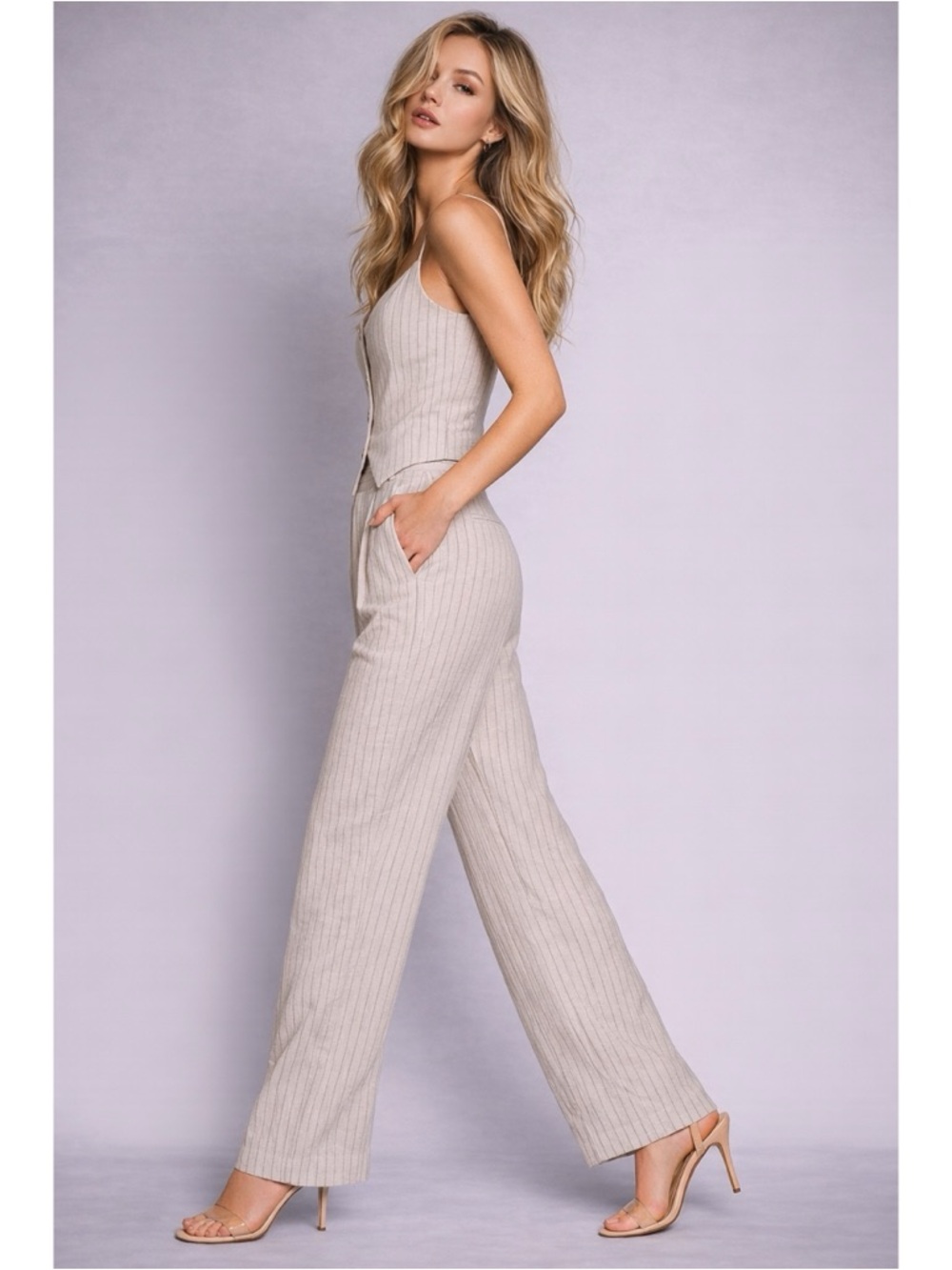 NWT Straight Stripe Linen Effect Trouser Pants - NATURAL/BLACK
